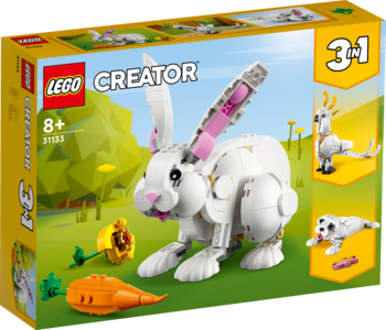 Opakowanie LEGO Creator 3w1 zestaw, biały królik z różowymi uszami i marchewką, obok cockatoo i foka. Widok z przodu.