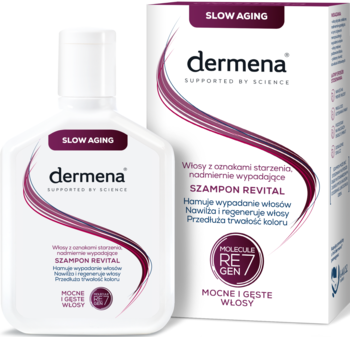 Dermena Revital szampon na wypadanie włosów dojrzałych w białej butelce i pudełku, z Molekułą Regen7.