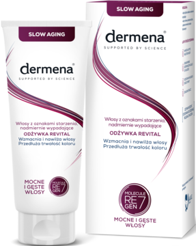 dermena ODŻYWKA REVITAL do włosów przeciw starzeniu, z RE GEN 7, biała tubka i pudełko, widok z przodu.