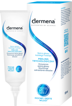 Peeling trychologiczny Dermena w białej tubce i pudełku, stymuluje odrastanie włosów, oczyszcza skórę głowy.