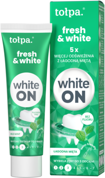 tołpa fresh & white white ON wybielająca pasta do zębów bez fluoru w zielonej tubce i kartonie, widok z przodu.