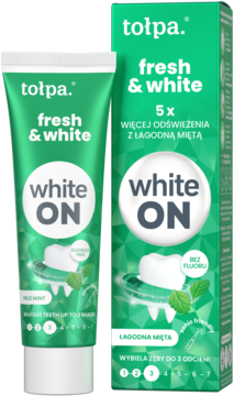 Tołpa Fresh & White White On, zielona pasta do zębów, tubka i pudełko, bez fluoru, wybiela do 3 odcieni.
