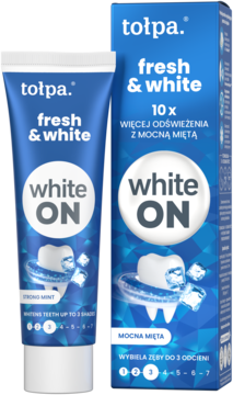 Pasta tołpa fresh & white White ON wybielająca, tuba i pudełko w niebieskich barwach z grafiką zębów i lodu.