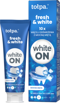 Niebieska pasta Tołpa Fresh & White White ON Strong Mint. Wybiela zęby do 3 odcieni. Tubka i pudełko, widok z przodu.