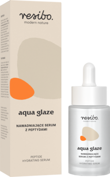 Serum Resibo Aqua Glaze nawadniające z peptydami. Frosted butelka i beżowe pudełko z pomarańczowym logo, widok z przodu.