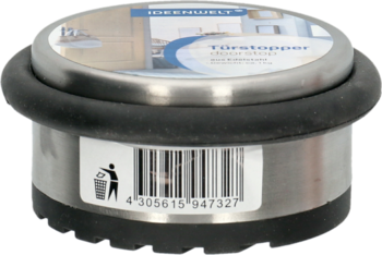 Cylindryczny odbojnik do drzwi ze stali szlachetnej z czarnym silikonowym pierścieniem, widok pod kątem.