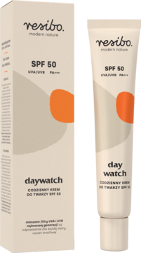 Resibo Daywatch SPF 50 krem do twarzy w beżowej tubce obok pasującego opakowania, widok z przodu.