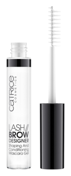 Catrice Lash/Brow Designer przezroczysty żel do brwi i rzęs z wyciągniętą szczoteczką, widok z przodu.