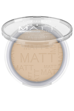 Catrice All Matt Plus beżowy puder matujący w białej puderniczce z otwartym wieczkiem, widok z góry, napis MATT.