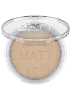 Puder Catrice All Matt Plus, jasnobeżowy, w otwartym okrągłym kompakcie, widok z góry na napis MATT.