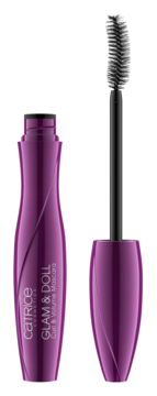 Fioletowy tusz CATRICE Glam & Doll Curl & Volume Mascara, tubka otwarta z podkręcającą szczoteczką obok.