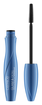 Otwarta niebieska maskara Catrice Glam & Doll Volume Waterproof z czarną szczoteczką, widok z przodu.