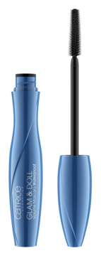 Otwarta niebieska maskara Catrice Glam & Doll Volume Waterproof z czarną szczoteczką, widok z przodu.