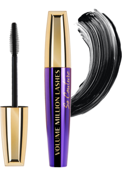Tusz L'Oréal Volume Million Lashes So Couture, fioletowo-złota tubka, obok aplikator i czarna smuga.