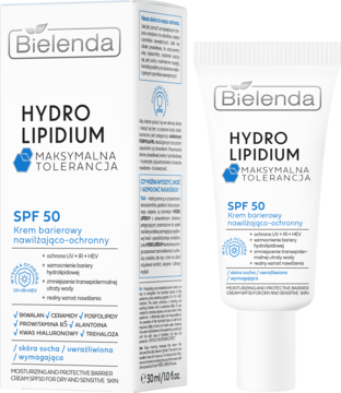 Bielenda Hydro Lipidum SPF 50 krem barierowy nawilżająco-ochronny w białej tubce i pudełku z niebieskimi akcentami, widok przód.