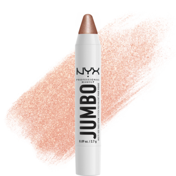 NYX Jumbo Stick, rozświetlacz w sztyfcie. Jasnoróżowy kolor z perłowym blaskiem, obok duży swatch.