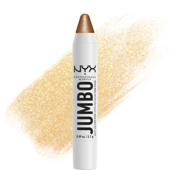 NYX Jumbo Stick, złoty rozświetlacz w sztyfcie na lśniącym swatchu w odcieniu szampańskim.