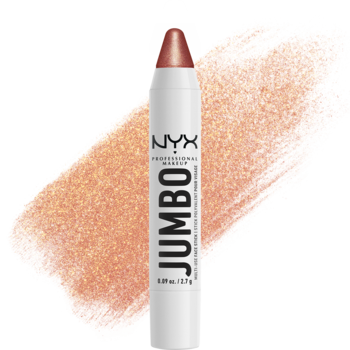 NYX Jumbo Stick, perłowy rozświetlacz w sztyfcie w odcieniu brzoskwini, na tle smugi kosmetyku.