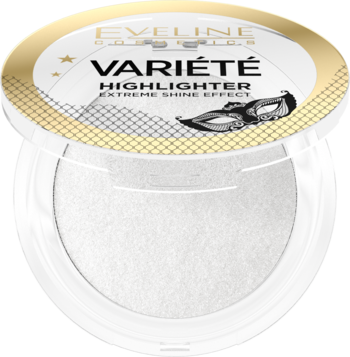 Eveline Variété Highlighter, otwarty biały kompakt z białym, mieniącym się rozświetlaczem Extreme Shine.