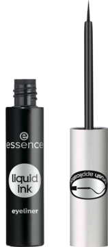 Czarny eyeliner Essence Liquid Ink w otwartej butelce z podłużnym, cienkim pędzelkiem do precyzyjnych kresek.