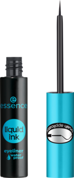 Essence Liquid Ink czarny eyeliner wodoodporny, butelka z turkusowym napisem i wysuniętym aplikatorem.