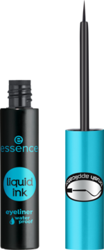 Essence Liquid Ink czarny eyeliner wodoodporny, butelka z turkusowym napisem i wysuniętym aplikatorem.