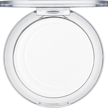 Puder transparentny All about matt! Essence w okrągłej białej puderniczce, widok z góry z otwartym wieczkiem.