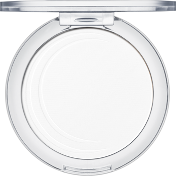 Puder transparentny All about matt! Essence w okrągłej białej puderniczce, widok z góry z otwartym wieczkiem.