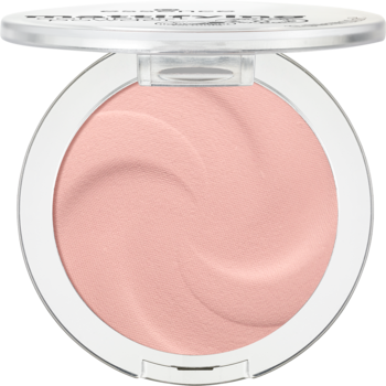 Otwarty, okrągły puder do twarzy Essence Mattifying Compact Powder nr 10 light beige z delikatnym, wirującym wzorem, widok z góry.