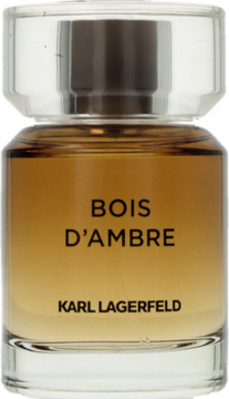 Karl Lagerfeld Bois D'Ambre męska woda toaletowa, szklana butelka z bursztynowym płynem, widok z przodu.