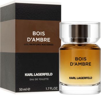 Karl Lagerfeld Bois D'Ambre EDT męska 50ml, bursztynowa butelka z srebrnym korkiem i brązowe pudełko, z przodu.