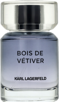 Karl Lagerfeld Bois de Vétiver, flakon wody toaletowej z gradientem fioletu i srebra, czarny napis, widok z przodu.