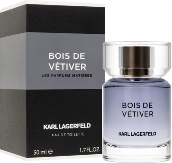 Karl Lagerfeld Bois de Vétiver woda toaletowa 50ml, szklana butelka i pudełko z szarym paskiem, widok z boku.