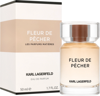 Karl Lagerfeld Fleur De Pêcher EDP 50ml, butelka z beżowym płynem i pudełko, owocowo-kwiatowy zapach, z przodu.