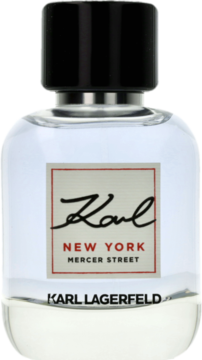 Męska woda Karl Lagerfeld New York Mercer Street EDT, przezroczysta butelka z napisem Karl na białej etykiecie.
