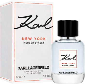Karl Lagerfeld New York Mercer Street EDT, białe pudełko i szklana butelka z czarną zakrętką, widok z przodu.