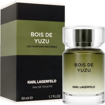 Karl Lagerfeld Bois De Yuzu męska EDT, zielono-czarne opakowanie i butelka 50ml, widok pod kątem.