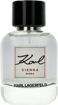 Karl Lagerfeld Vienna Opera woda toaletowa męska w szklanej butelce z białą etykietą i czarnym korkiem, widok z przodu.