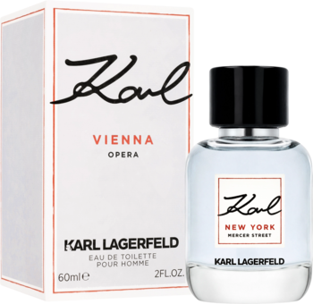 Męska woda toaletowa Karl Lagerfeld. Białe pudełko Vienna Opera i butelka New York, widok przód-bok.