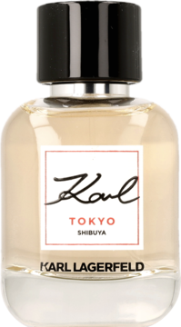 Flakon Karl Lagerfeld Tokyo Shibuya, przejrzysty szklany, z czarną nakrętką i białą etykietą z czerwonym obramowaniem. Widok z przodu.