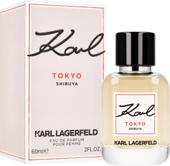 Karl Lagerfeld Tokyo Shibuya damska woda perfumowana 60ml. Przezroczysta butelka z białą etykietą i pudełko.