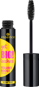 Essence Get Big Lashes Volume Boost Mascara, czarna tubka z żółtą etykietą, otwarta z wysuniętą szczoteczką.