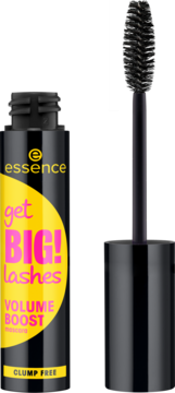 Essence Get Big Lashes Volume Boost Mascara, czarna tubka z żółtą etykietą, otwarta z wysuniętą szczoteczką.