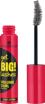 Czerwony tusz Essence Get Big Lashes Volume Curl z otwartą tubką i szczoteczką z włosia.
