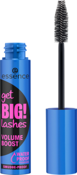 Wodoodporny tusz Essence Get Big Lashes Volume Boost, niebieska tuba, otwarta, z czarną szczoteczką.