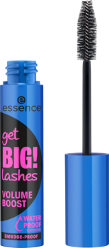Wodoodporny tusz Essence Get Big Lashes Volume Boost, niebieska tuba, otwarta, z czarną szczoteczką.