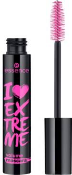 Tusz Essence I Love Extreme Volume, czarna butelka z różowym napisem, obok różowa szczoteczka.