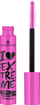 Różowy tusz do rzęs Essence I Love Extreme Crazy Volume, z czarnym napisem, widoczna wyjęta szczoteczka z różowymi włoskami.