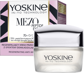 YOSKINE regenerujący krem 70+ Mezo Peptide, biały słoiczek obok fioletowo-złotego pudełka, przód.