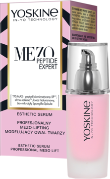 Różowe serum Yoskine Mezo Peptide Expert do profesjonalnego liftingu twarzy, w butelce z pompką obok pudełka.